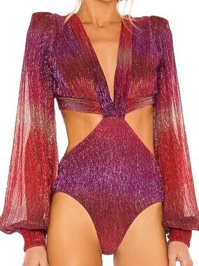 NWT PatBO Medium Lurex Metallic Ombre Glitter Cutout Bodysuit - Pink and Red